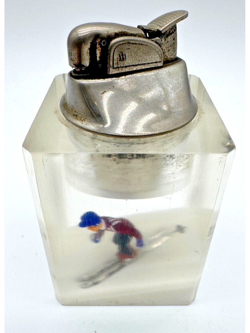 Vintage Evans Lucite Acrylic Downhill Skier Table Lighter Diorama Winter Sports